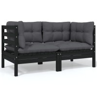 vidaXL 2-Seater Patio Sofa with Cushions Black Solid Pinewood