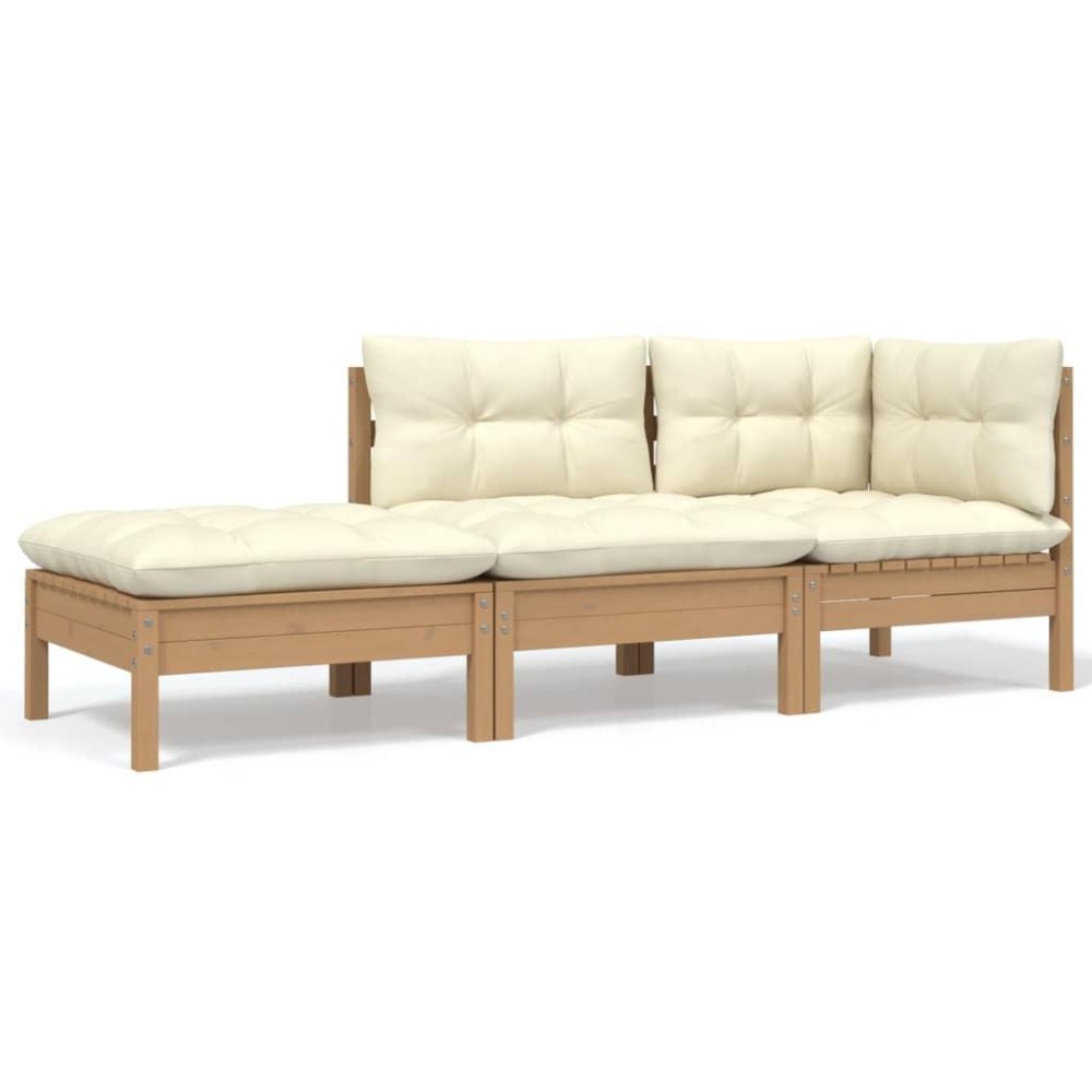 vidaXL 3 Piece Patio Lounge Set with Cream Cushions Solid Pinewood