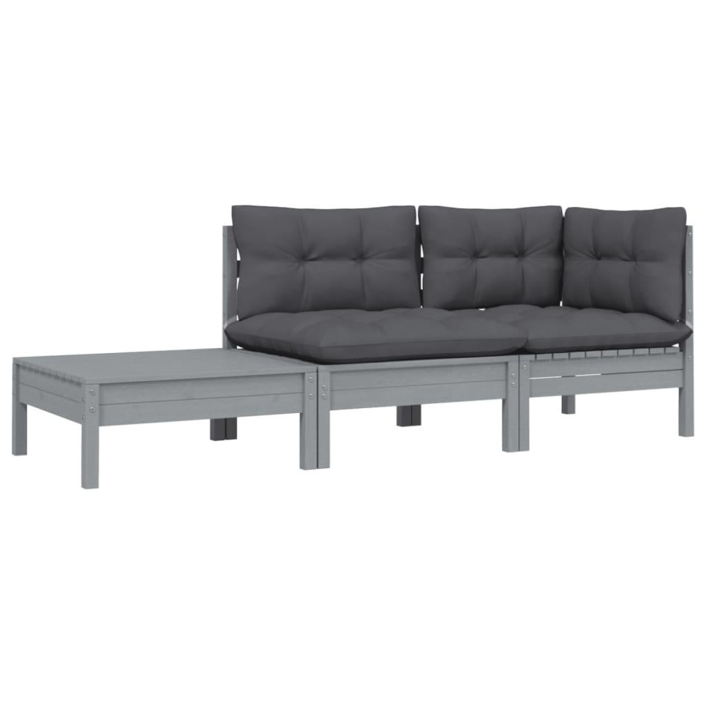 vidaXL 3 Piece Patio Lounge Set with Cushions Gray Solid Pinewood