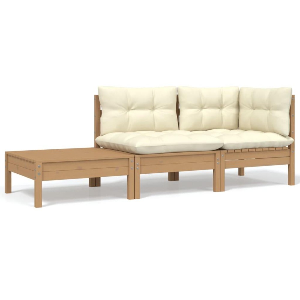 vidaXL 3 Piece Patio Lounge Set with Cream Cushions Solid Pinewood