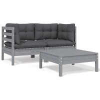 vidaXL 3 Piece Patio Lounge Set with Cushions Gray Solid Pinewood