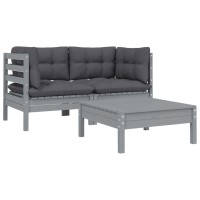 vidaXL 3 Piece Patio Lounge Set with Cushions Gray Solid Pinewood