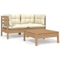 vidaXL 3 Piece Patio Lounge Set with Cream Cushions Solid Pinewood