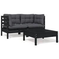 vidaXL 3 Piece Patio Lounge Set with Cushions Black Solid Pinewood