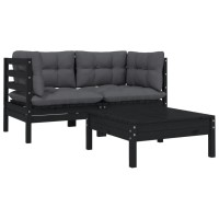 vidaXL 3 Piece Patio Lounge Set with Cushions Black Solid Pinewood