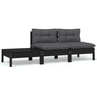 vidaXL 3 Piece Patio Lounge Set with Cushions Black Solid Pinewood