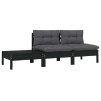 vidaXL 3 Piece Patio Lounge Set with Cushions Black Solid Pinewood