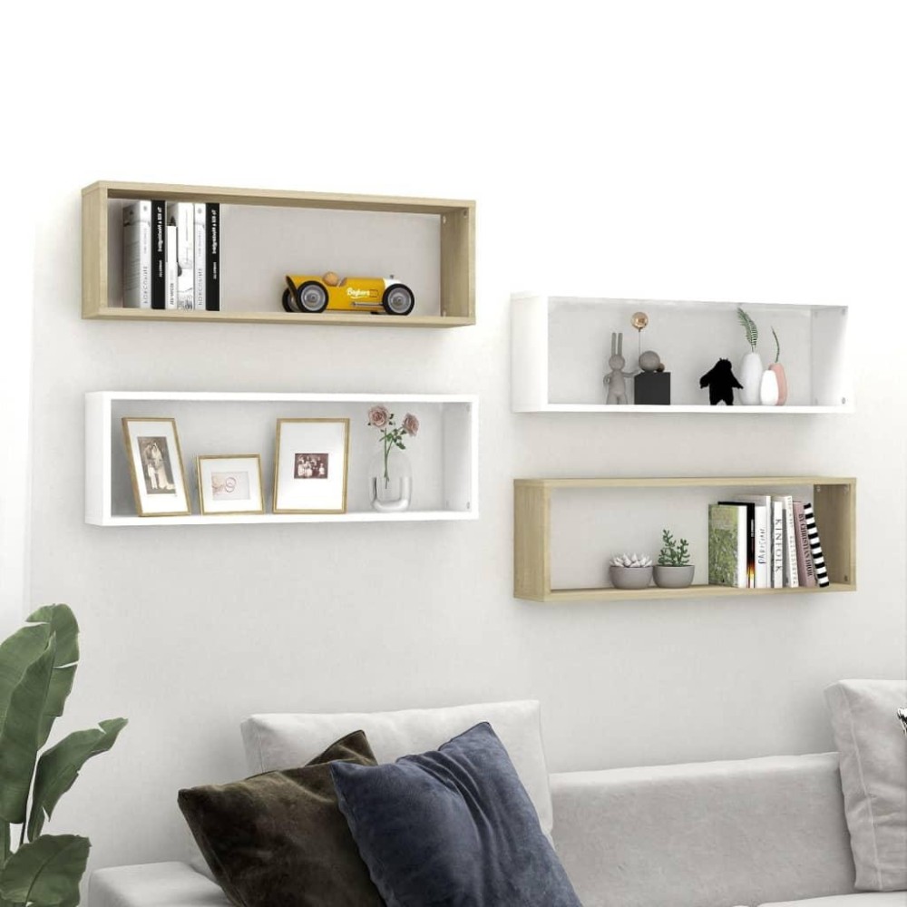 vidaXL Wall Cube Shelves 4 pcs White&Sonoma Oak 31.5