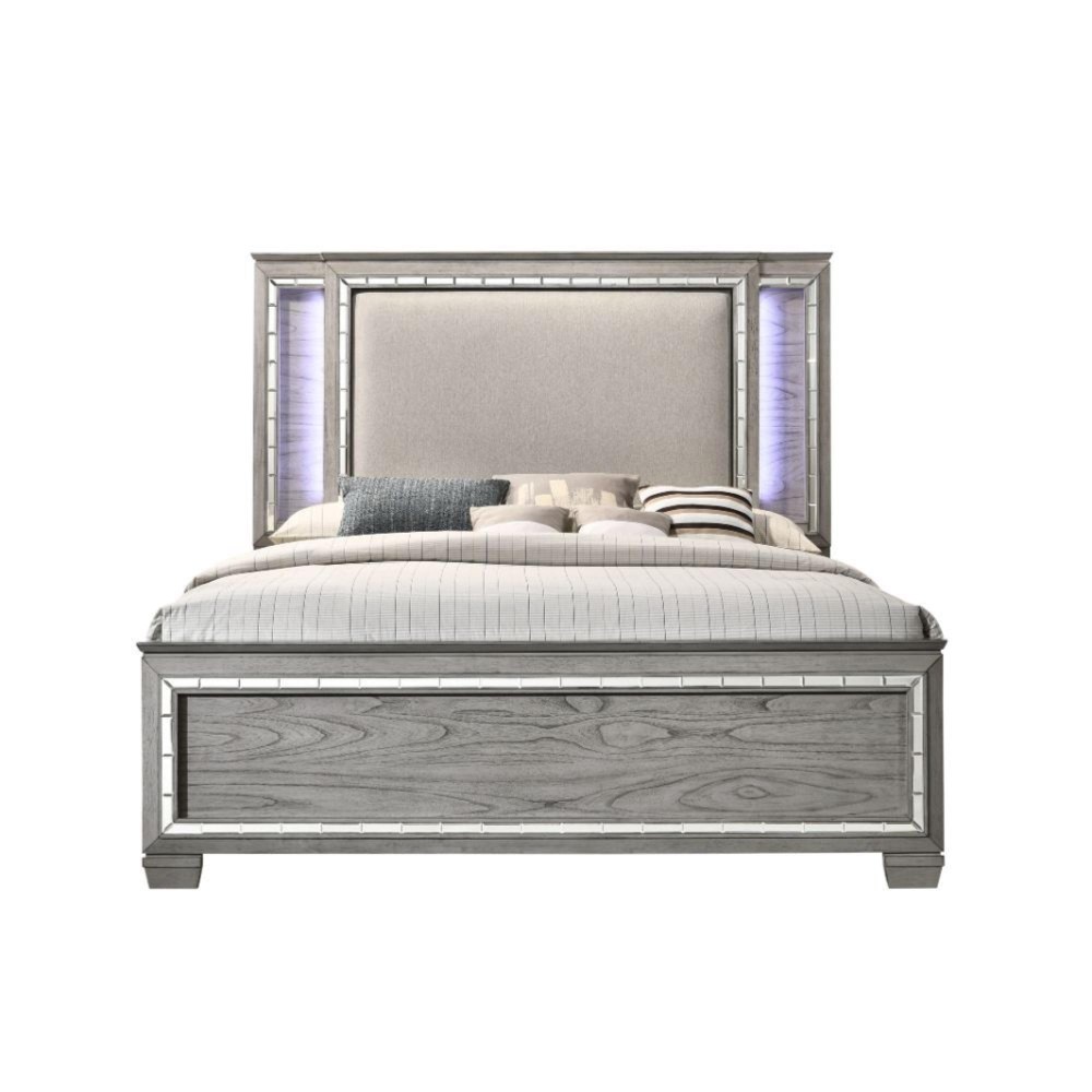 Queen Bed (Led Hb), Fabric & Light Gray Oak