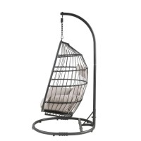 Patio Hanging Chair With Stand, Beige Fabric & Black Wicker