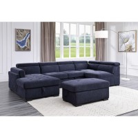 Sleeper Sectional Sofa W/Storage And Ottoman, Navy Blue Fabric