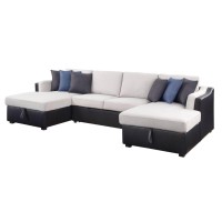 Sectional Sofa W/Sleeper , Beige Fabric & Black Pu