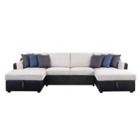 Sectional Sofa W/Sleeper , Beige Fabric & Black Pu