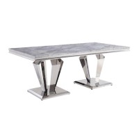 Dining Table, Light Gray Printed Faux Marble & Mirrored Silver Finish