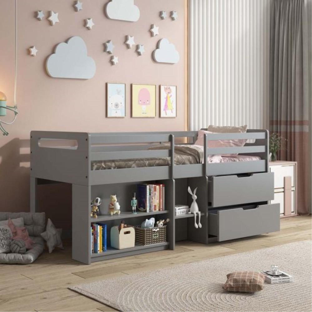 Bd01375 Twin Loft Bed W/Storage - Gray Finish, Fabiana (1Set/3Ctn)