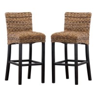 Woven Rattan Barstool With Wooden Legs, Low Profile Backrest, Set Of 2, Brown And Black
