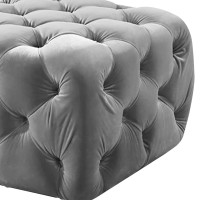 Button Tufted Velvet Fabric Upholstered Wooden Ottoman, Gray