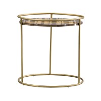 Round Faux Marble Top End Table With Steel Frame, Brown And Gold