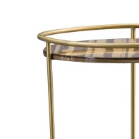 Round Faux Marble Top End Table With Steel Frame, Brown And Gold