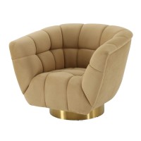 Tufted Fabric Upholstered Chair With Round Swivel Metal Base, Beige