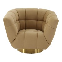 Tufted Fabric Upholstered Chair With Round Swivel Metal Base, Beige