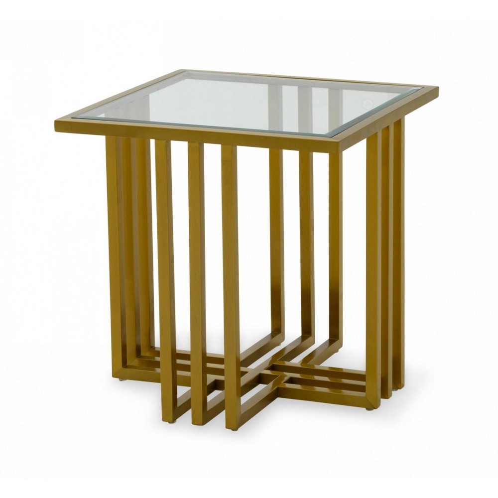 Square Glass Top End Table With Slatted Cross Base, Gold