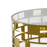 Glass Top Coffee Table With Open Metal Frame Drum Base, Gold