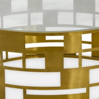 Glass Top Coffee Table With Open Metal Frame Drum Base, Gold