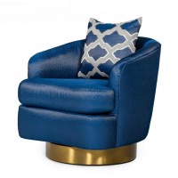 Curved Fabric Accent Chair With Sloping Arms And 1 Pillow, Blue And Gold