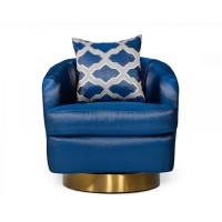 Curved Fabric Accent Chair With Sloping Arms And 1 Pillow, Blue And Gold
