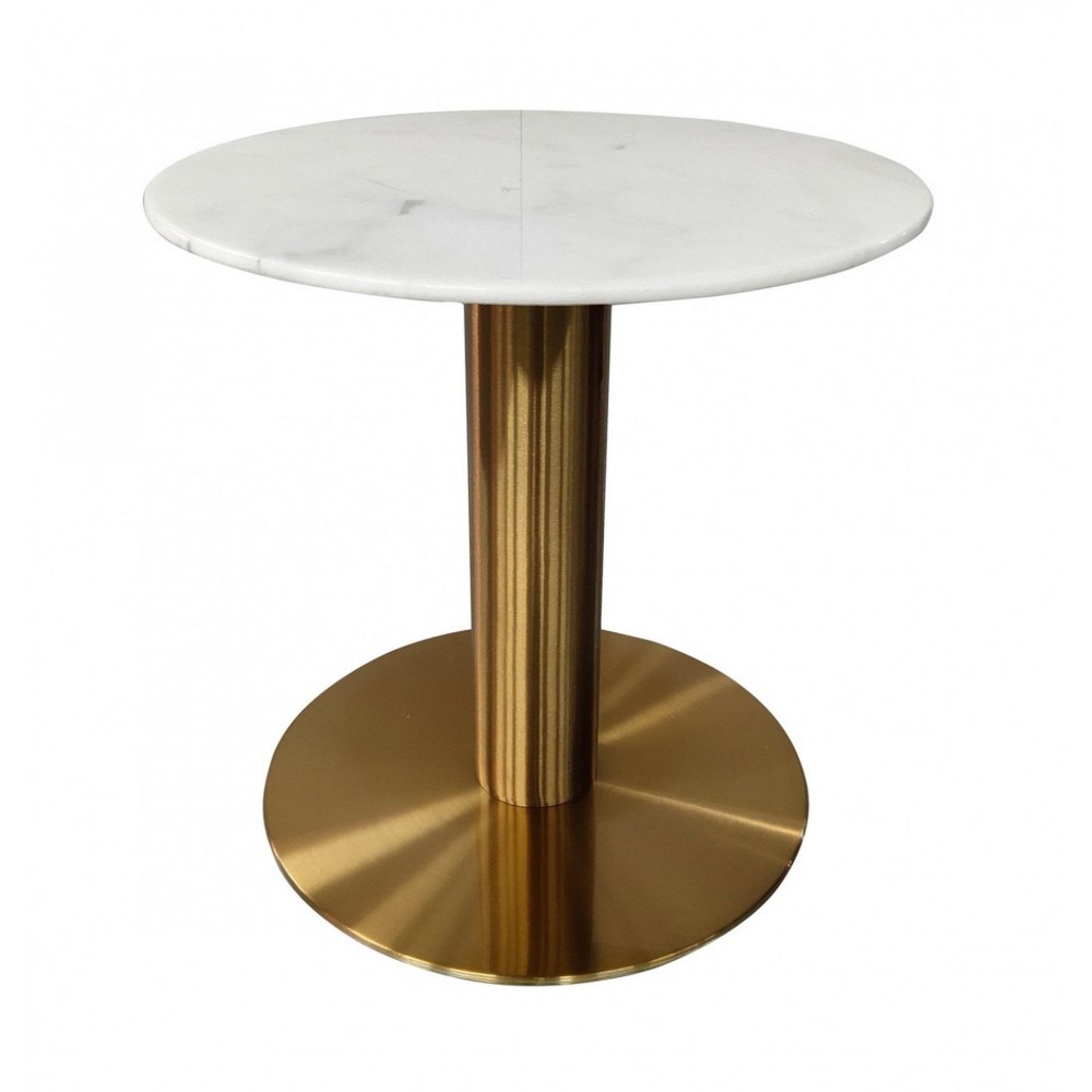 20 Inch Marble Top End Table With Pedestal Base, White And Gold