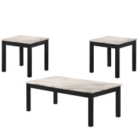 3 Piece Faux Marble Cocktail And End Table With Block Legs, White And Black