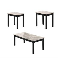 3 Piece Coffee Table And End Table With Faux Marble Top, Black And White