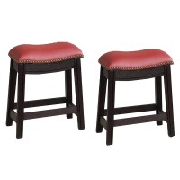 18 Inch Wooden Stool With Upholstered Cushion Seat, Set Of 2, Gray And Red