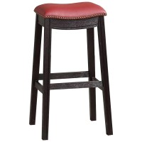 29 Inch Wooden Bar Stool With Upholstered Cushion Seat, Set Of 2, Gray And Red