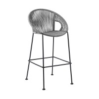 Indoor Outdoor Bar Stool With Rounded Rope Woven Seat, Gray