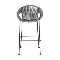 Indoor Outdoor Bar Stool With Rounded Rope Woven Seat, Gray