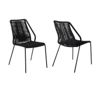 Indoor Outdoor Dining Chair With Fishbone Woven Seating, Set Of 2, Black