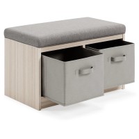 Storage Bench With Cushioned Top And 2 Fabric Baskets, Gray