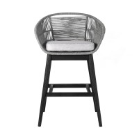 Mila 30 Inch Modern Indoor Outdoor Wood Bar Stool Chair, Woven, Gray, Black