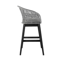 Mila 30 Inch Modern Indoor Outdoor Wood Bar Stool Chair, Woven, Gray, Black