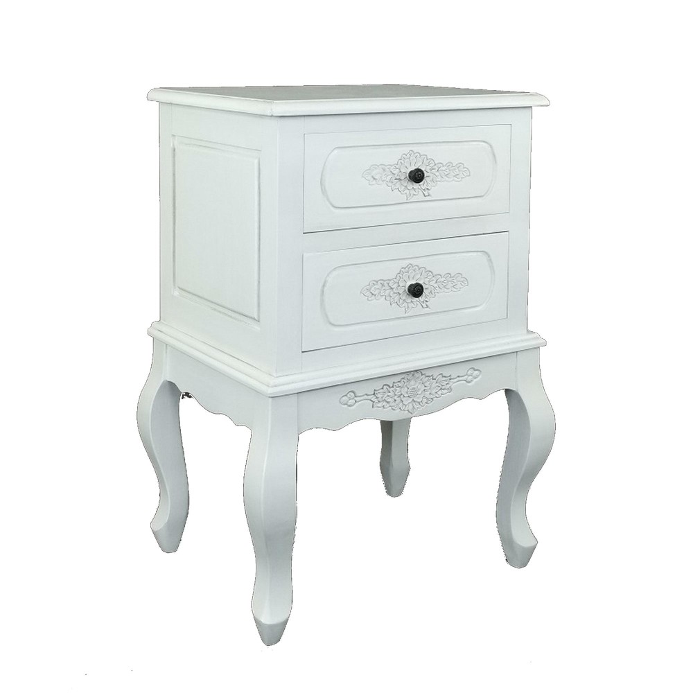 Mary 27 Inch Classic Wood Square Cabinet Table, 2 Drawers, Floral, White