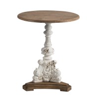 Prana 31 Inch Round Accent Table, Expertly Carved Fir Wood, Brown, Antique White