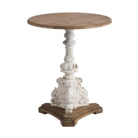 Prana 31 Inch Round Accent Table, Expertly Carved Fir Wood, Brown, Antique White