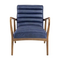 27 Inch Accent Armchair, Channel Tufted Genuine Leather, Indigo, Brown