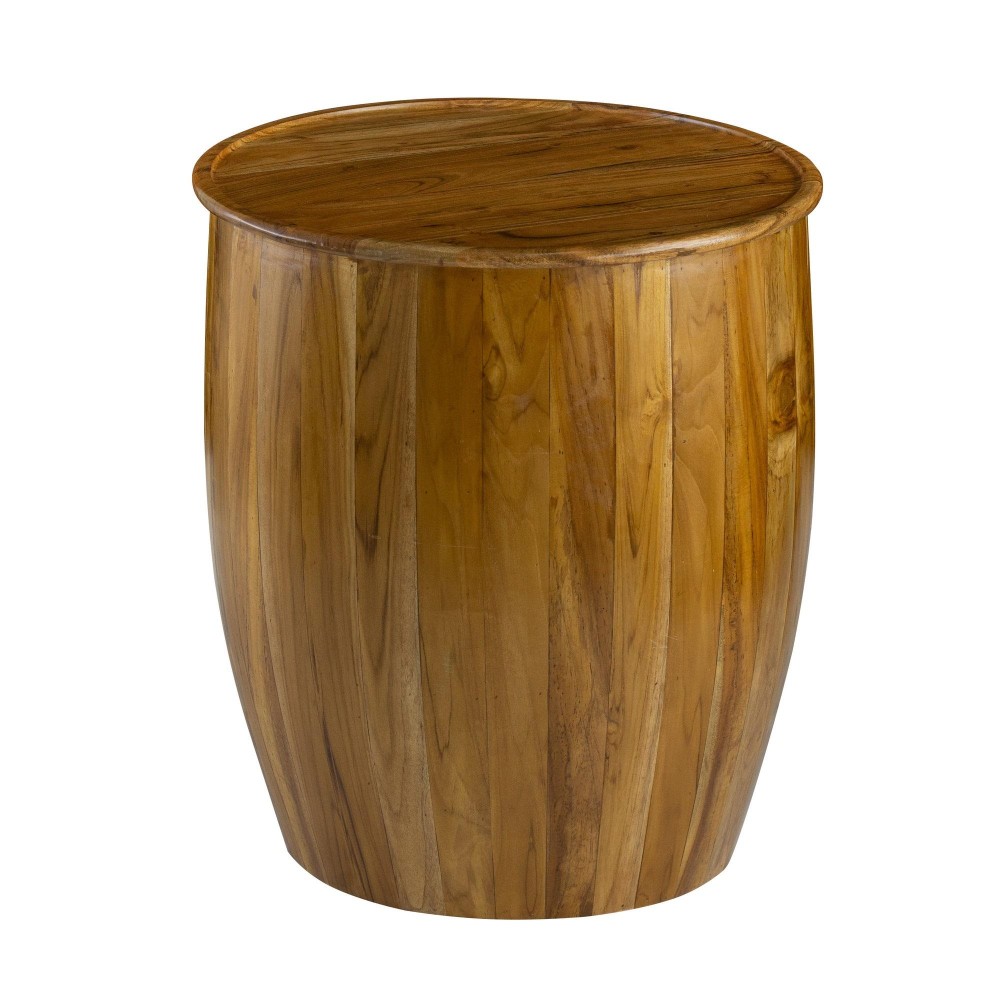 25 Inch Round Accent Side Table, Mango Wood, Barrel Shape, Classic Brown