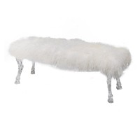 49 Inch Modern Accent Bench, Faux Fur Upholstered, Hooved Legs, All White