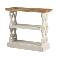 35 Inch 3 Tier Console Table, Fir Wood, Carved Panels, Brown And White