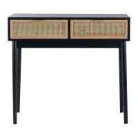 Ela 35 Inch 2 Drawer Wood Console Table, Woven Rattan Panels, Brown, Black
