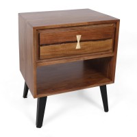 22 Inch Bedside Table Nightstand, 2 Drawers, Open Shelf, Brown